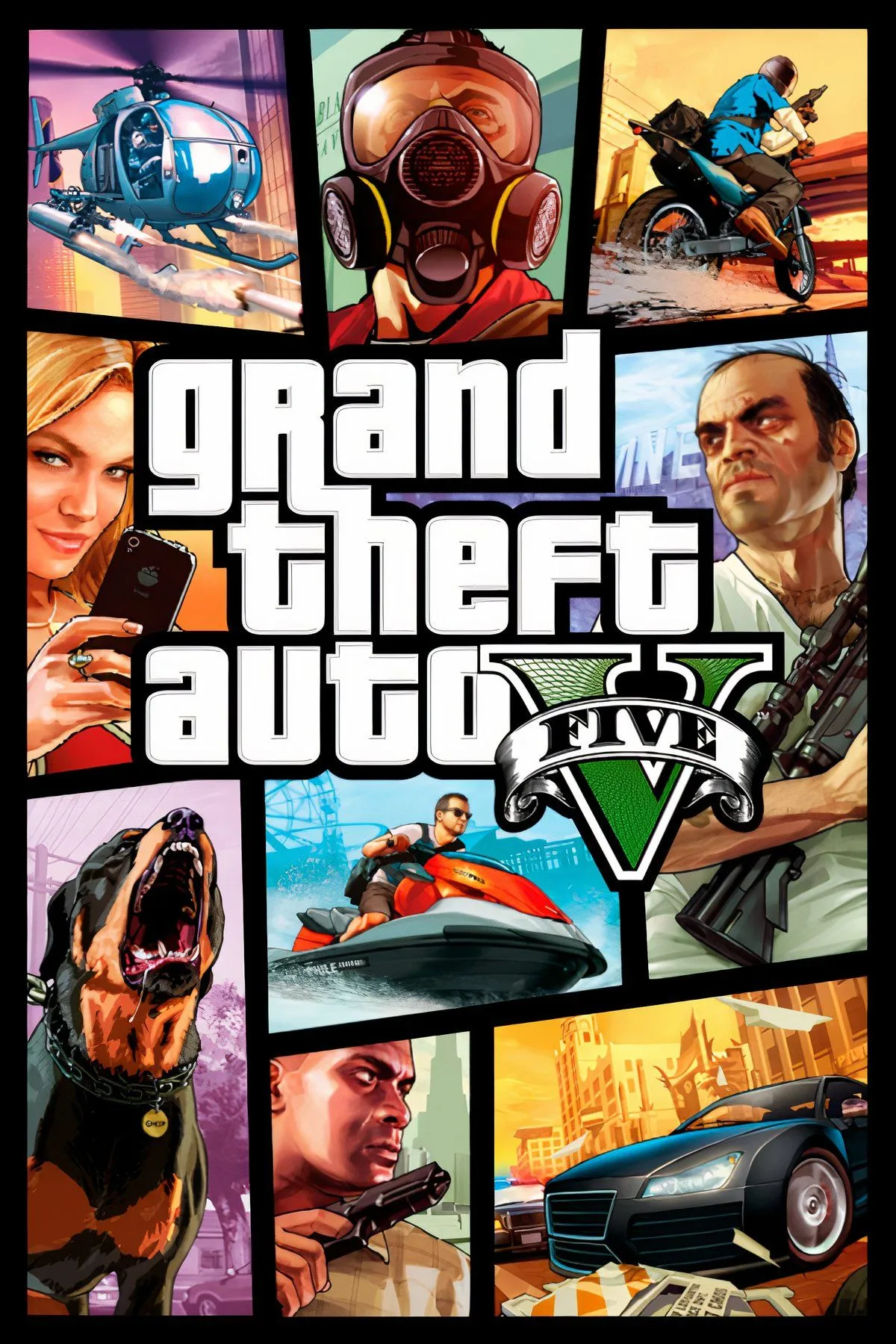 Bìa game Grand Theft Auto V với ba nhân vật chính Michael, Franklin và Trevor, thể hiện sự đa dạng trong thế giới mở tội phạm