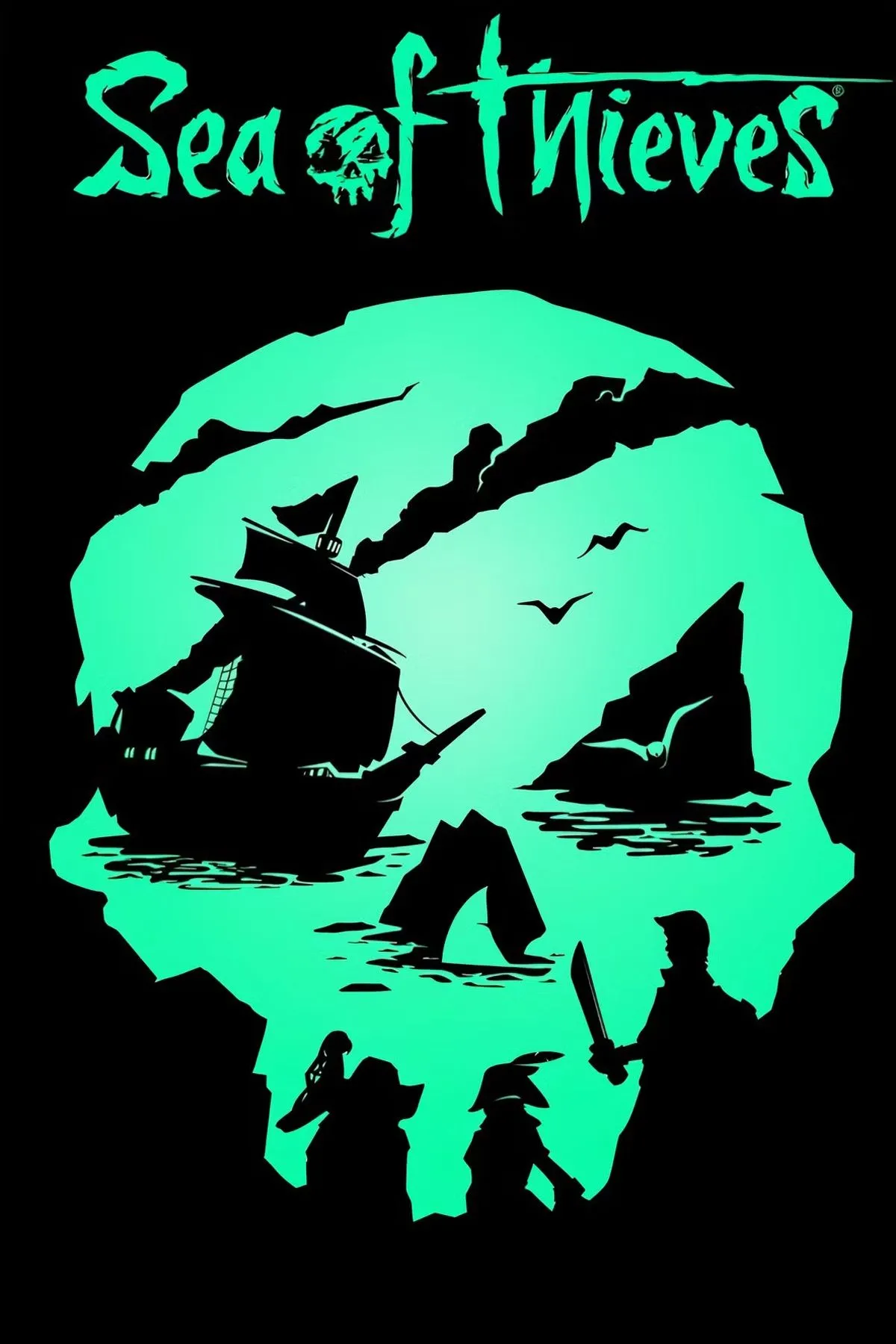 Bìa game Sea of Thieves với cướp biển và tàu thuyền, tượng trưng cho những cuộc phiêu lưu trên biển, dù chơi đơn hay đồng đội đều kịch tính.