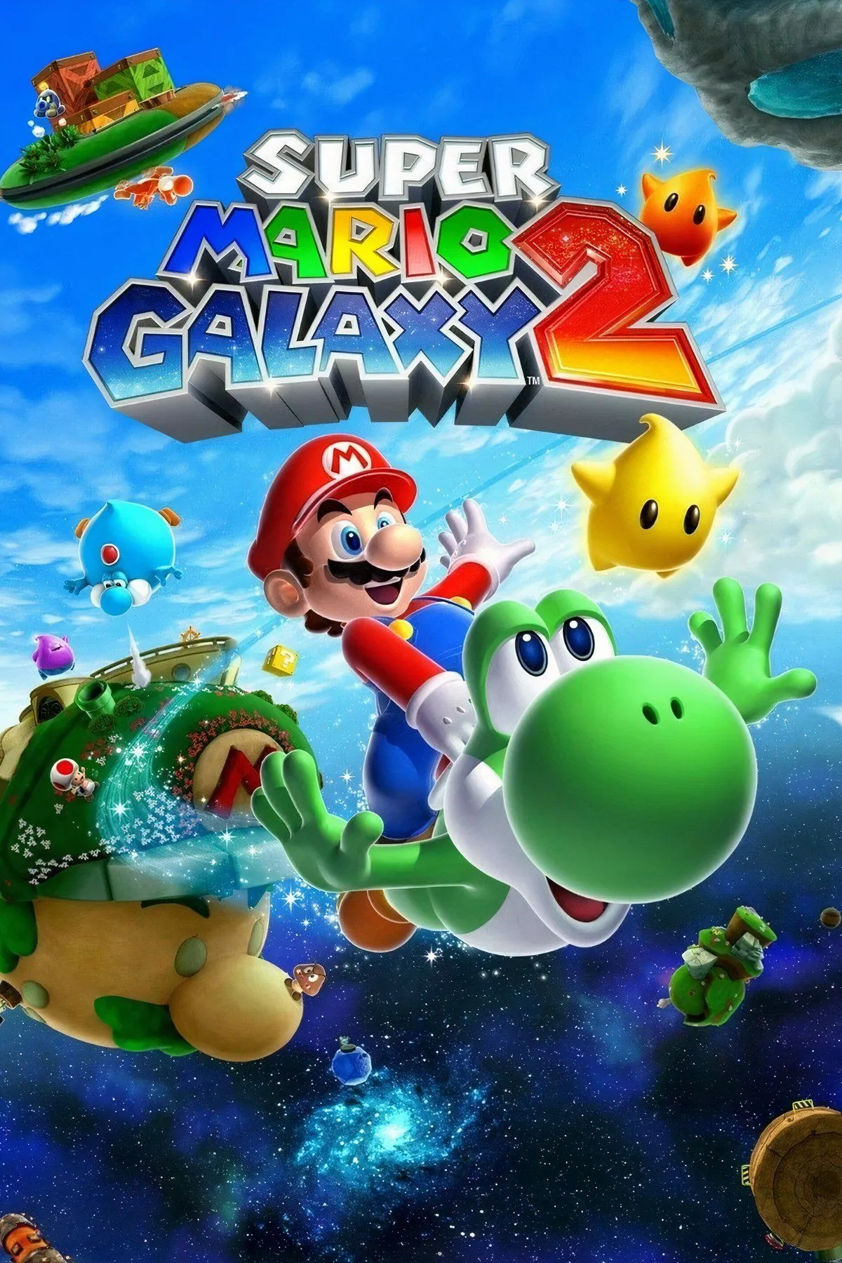 Bìa game Super Mario Galaxy 2, với hình ảnh Mario và Yoshi trong không gian, thể hiện lối chơi phiêu lưu độc đáo giữa các hành tinh.