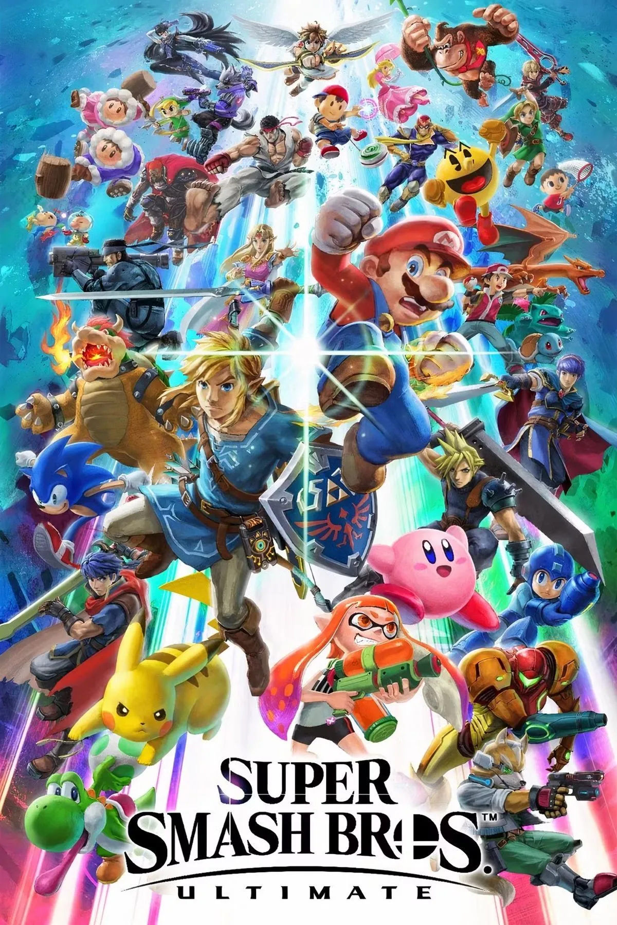 Bìa game Super Smash Bros. Ultimate, quy tụ dàn nhân vật hùng hậu từ các vũ trụ game khác nhau, sẵn sàng cho những trận chiến nảy lửa.