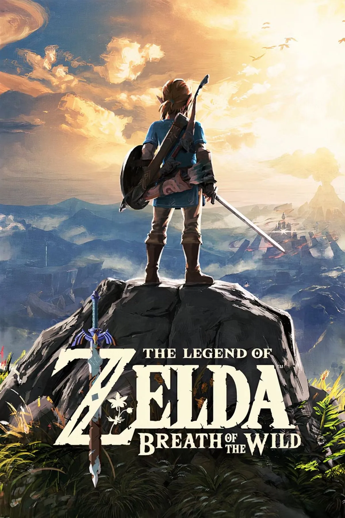 Bìa game The Legend of Zelda: Breath of the Wild, thể hiện Link đứng trên đỉnh cao ngắm nhìn thế giới Hyrule rộng lớn, tự do và đầy bí ẩn.
