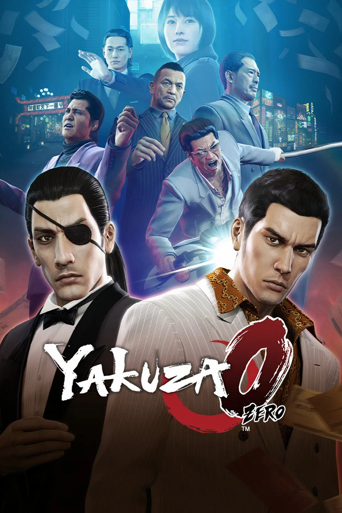 Bìa game Yakuza 0 với hai nhân vật chính Kiryu và Majima trên nền thành phố Nhật Bản