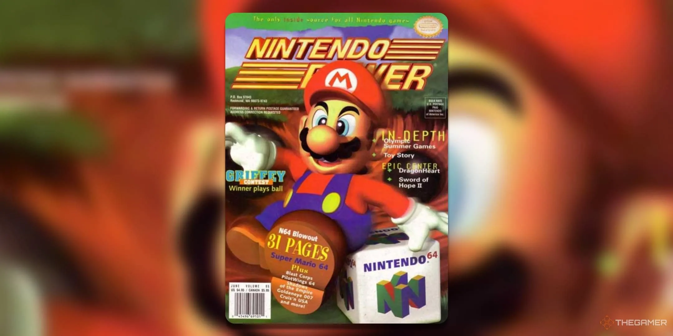 Bìa tạp chí Nintendo Power số tháng 6 năm 1996, giới thiệu Super Mario 64, tựa game 3D đầu tiên của Mario trên N64.