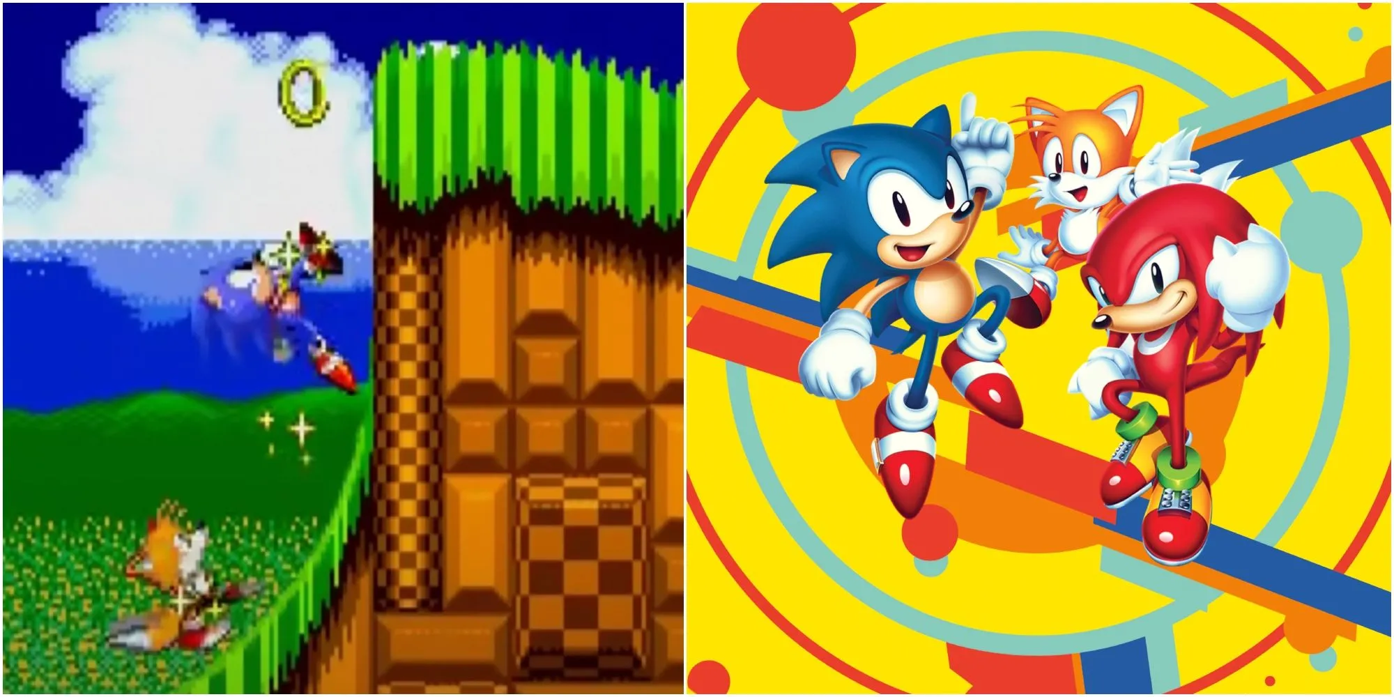 Bộ ba Sonic, Tails và Knuckles vui vẻ chạy trên đồi xanh mướt