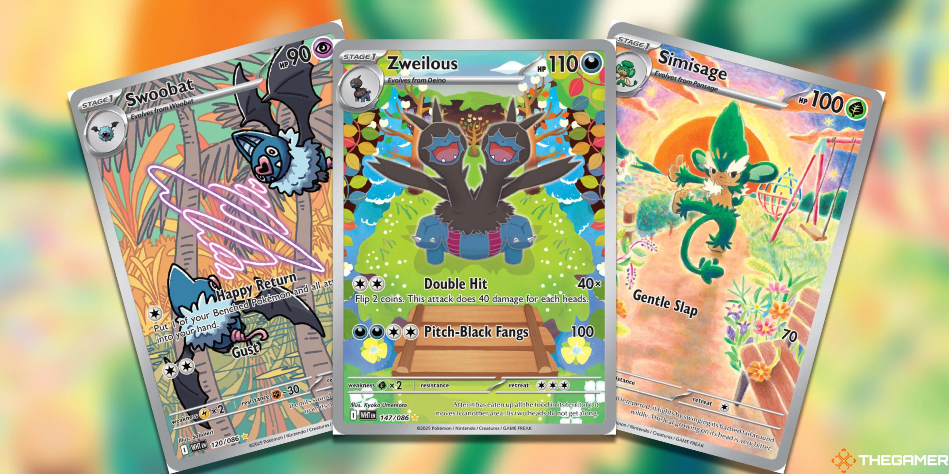 Bộ ba thẻ bài Pokemon TCG Black Bolt & White Flare: Swoobat, Zweilous và Simisage, minh họa cho sự đa dạng của các thế hệ Pokemon