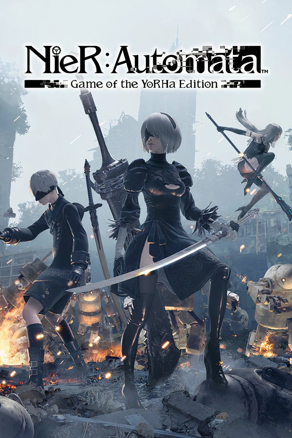 Các android chiến đấu 2B, 9S và A2 trong thế giới hậu tận thế của Nier: Automata, tựa game hành động nhập vai với nhiều kết thúc