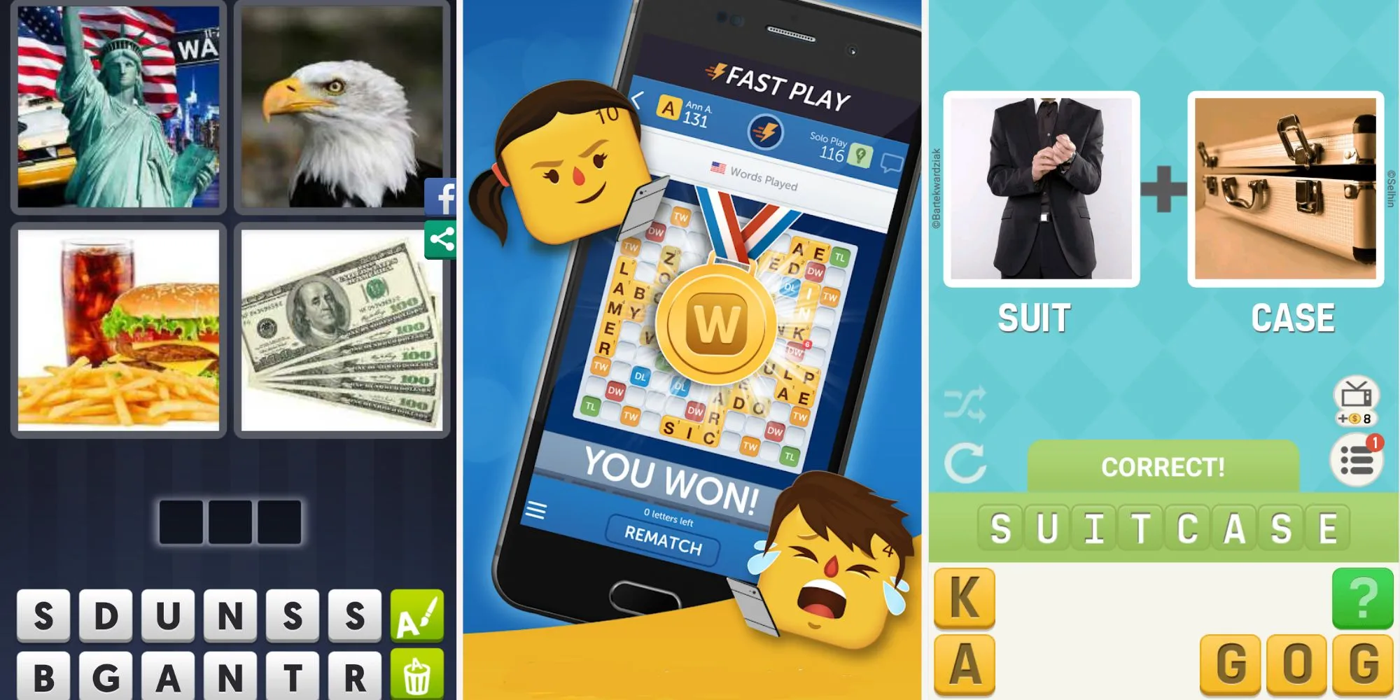 Các tựa game giải đố chữ di động như 4 Pics 1 Word và Words With Friends, minh họa cho sự đa dạng của game trí tuệ trên điện thoại