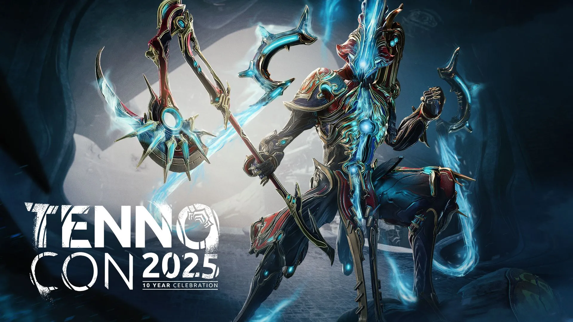 Caliban Prime, Warframe mạnh mẽ với thiết kế ấn tượng, đứng uy nghi bên cạnh logo Tennocon 2025, biểu tượng cho tương lai đầy hứa hẹn và những cập nhật hấp dẫn dành cho mọi Tenno.
