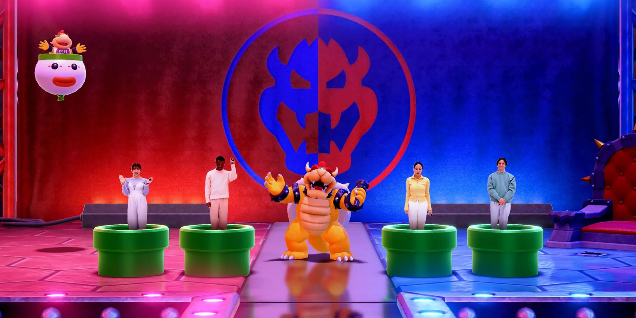 Cảnh bốn game thủ cùng chơi minigame vui nhộn trong Super Mario Party Jamboree Switch 2.