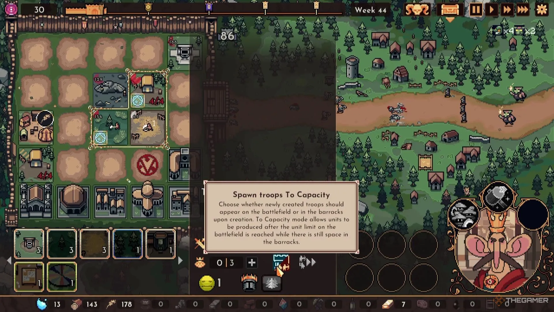 Chế độ &quot;Spawn Troops To Capacity&quot; được bật trong The King Is Watching, đảm bảo quân đội luôn đủ số lượng.