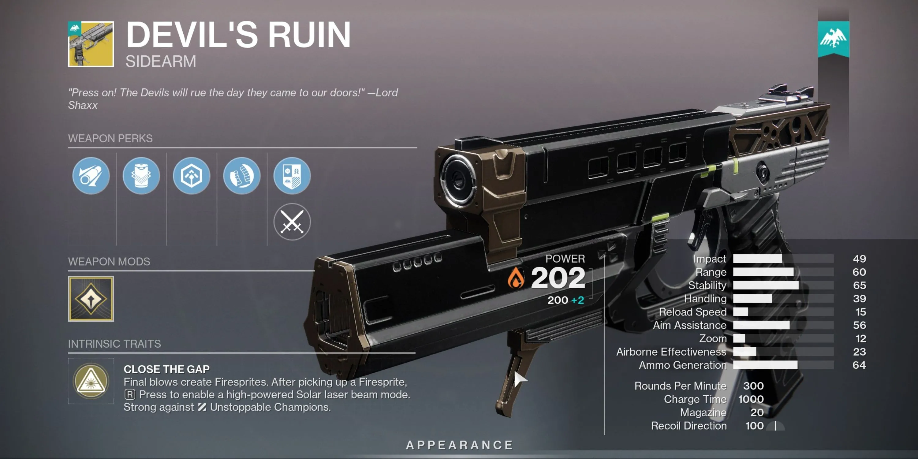 Chỉ số sức mạnh và thuộc tính độc đáo của khẩu Sidearm Exotic Devil's Ruin trong Destiny 2.