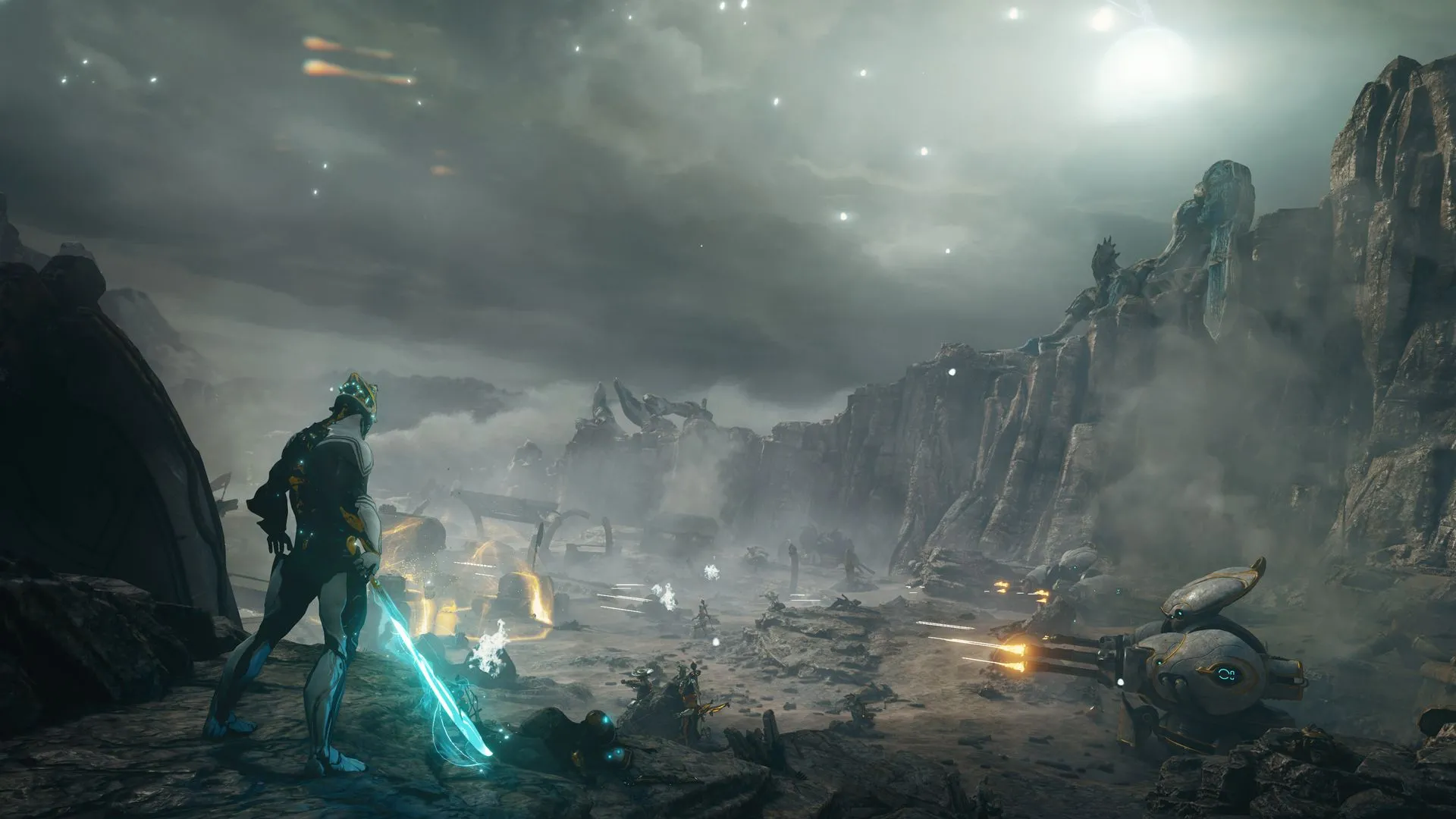 Chiến binh Warframe Excalibur Prime mạnh mẽ trên chiến trường, biểu tượng cho sự phát triển của cộng đồng game thủ.