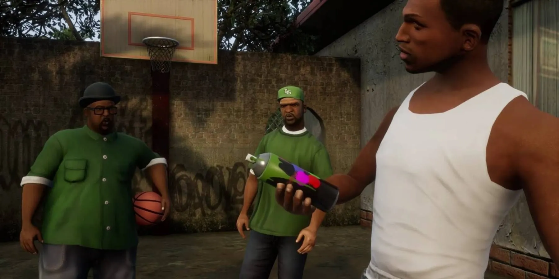 CJ cùng Sweet và Big Smoke chơi bóng rổ trong Grand Theft Auto: San Andreas, minh họa các hoạt động và mối quan hệ đa dạng của CJ trong game.