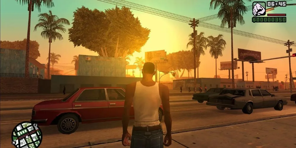 CJ đứng giữa đường phố Los Santos trong Grand Theft Auto: San Andreas, với khung cảnh thành phố mở rộng và cơ hội xây dựng nhiều mối quan hệ.