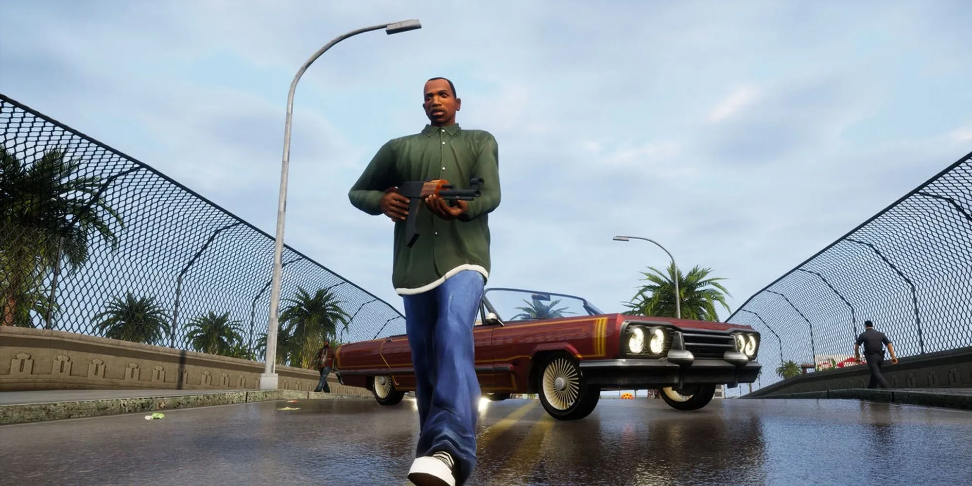 CJ đứng một mình với vẻ mặt đăm chiêu trong Grand Theft Auto: San Andreas, thể hiện sự phức tạp của nhân vật chính và cuộc sống đầy biến động.