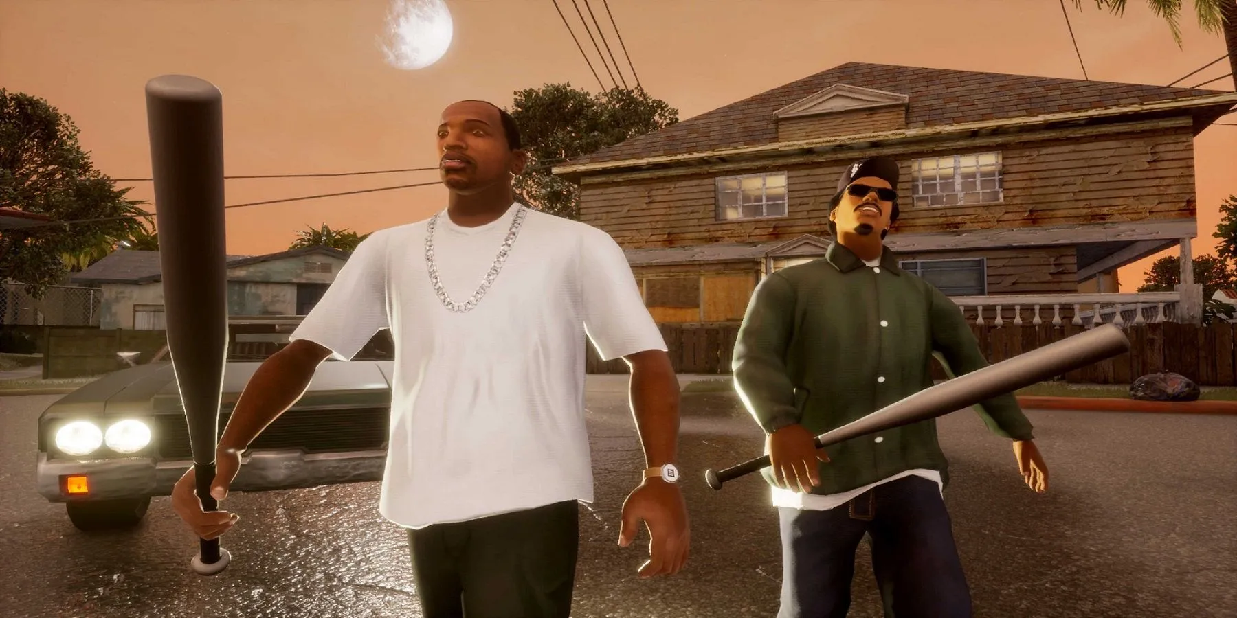 CJ và Ryder trong Grand Theft Auto: San Andreas, thể hiện mối quan hệ phức tạp và những quyết định khó khăn trong cốt truyện.