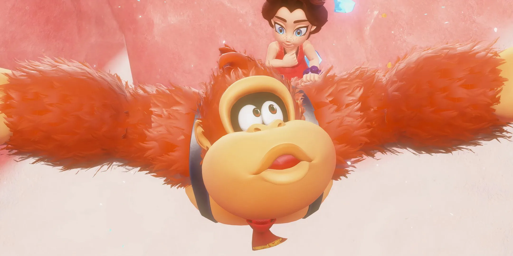 Donkey Kong đang rơi tự do cùng Pauline trên lưng trong một khoảnh khắc hài hước của game Donkey Kong Bananza, thể hiện sự hỗn loạn và độc đáo của trò chơi.