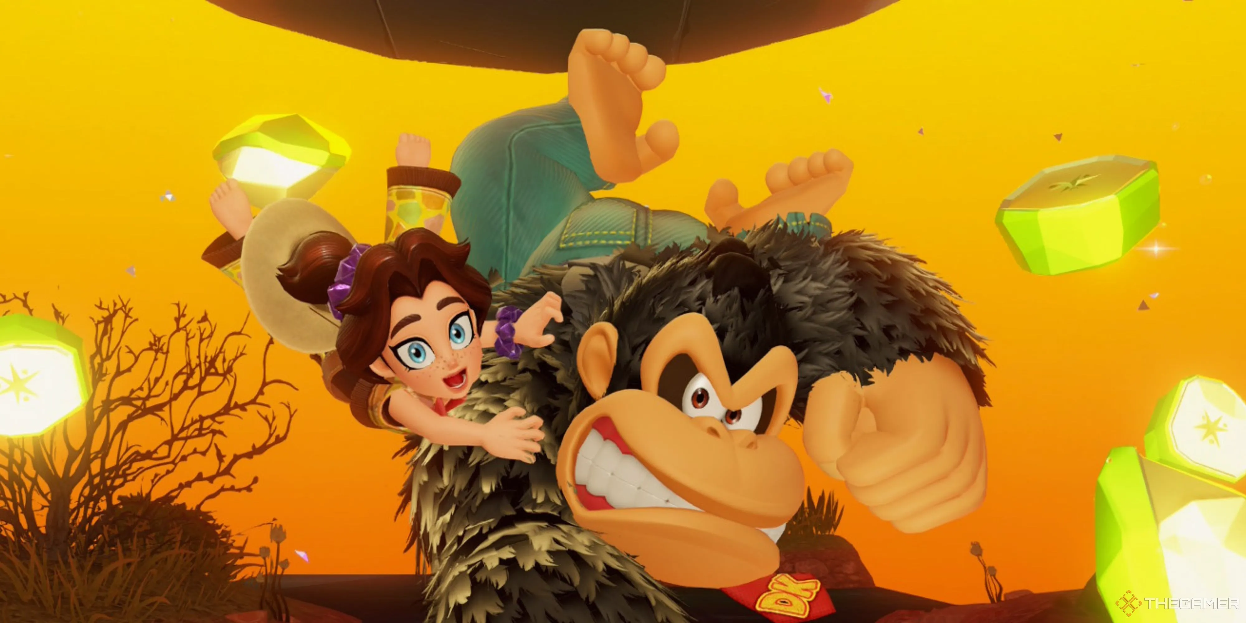 Donkey Kong và Pauline vui vẻ ăn mừng chiến thắng trong tựa game Donkey Kong Bananza, thể hiện không khí vui nhộn và đậm chất phiêu lưu.