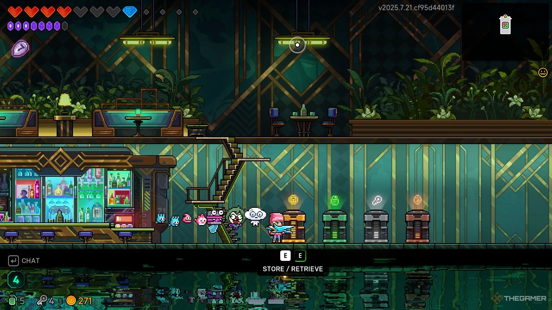 Elise và các Hatchmon nhỏ xinh bên cạnh các thùng chứa tài nguyên quý giá trong Safehouse của Neon Abyss 2.