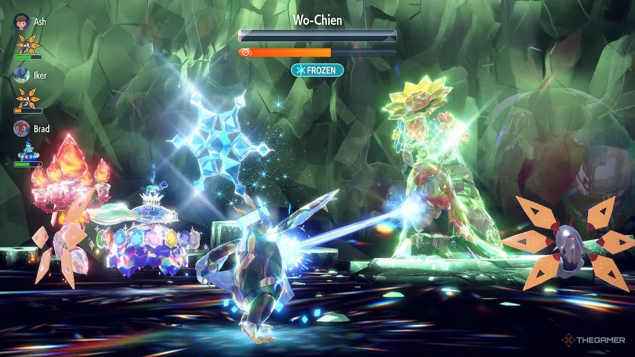 Empoleon dùng Ice Beam đóng băng Shiny Wo-Chien trong Pokemon Scarlet và Violet.
