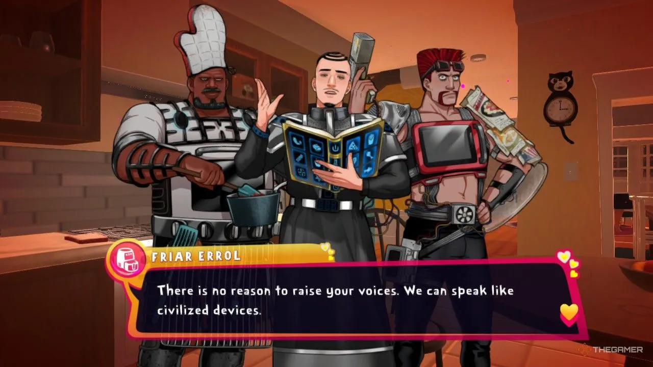 Friar Errol tranh luận về phương pháp nấu ăn với các thiết bị nhà bếp khác trong game Date Everything!