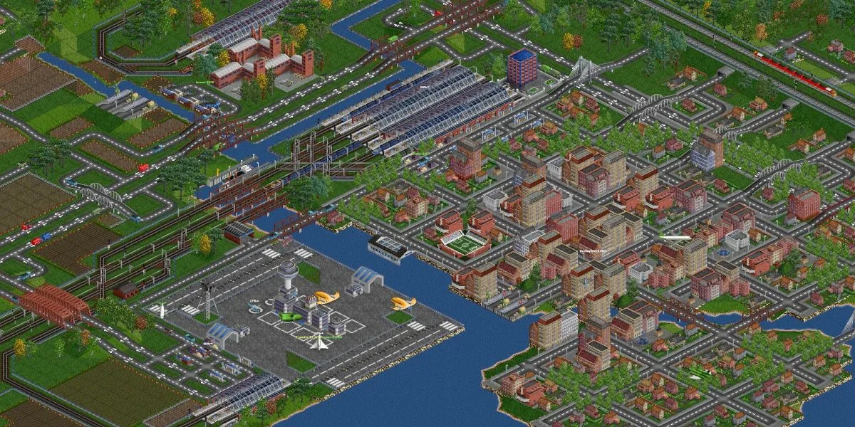 Giao diện game OpenTTD với bản đồ thành phố và hệ thống giao thông phức tạp, thể hiện sự hấp dẫn của game mô phỏng quản lý.