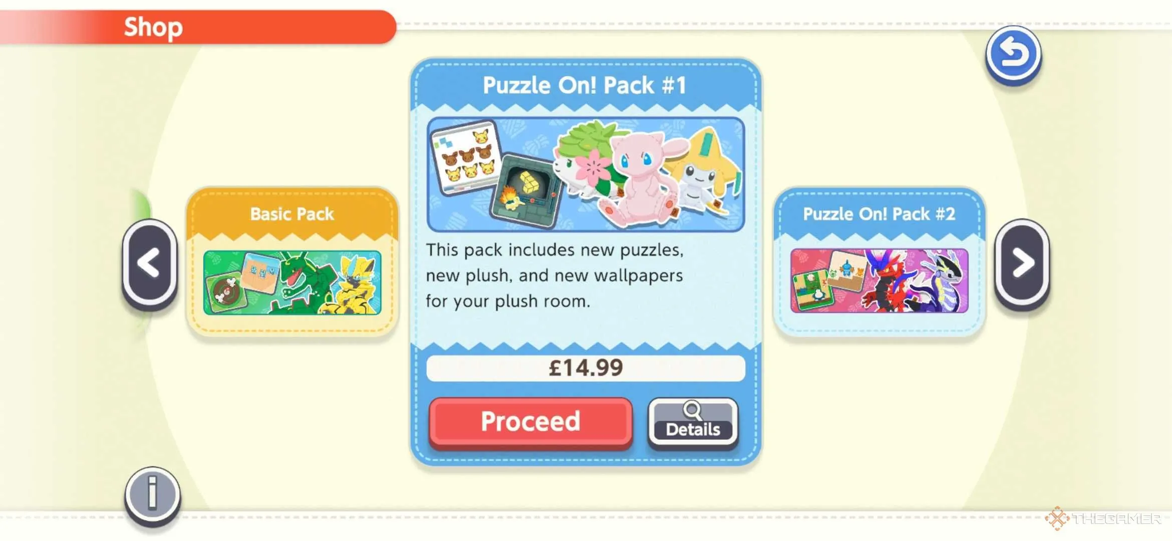 Giao diện game Pokemon Friends hiển thị gói Puzzle On! Pack #1 với các Pokemon plushie đáng yêu và hình ảnh bãi biển tươi sáng.