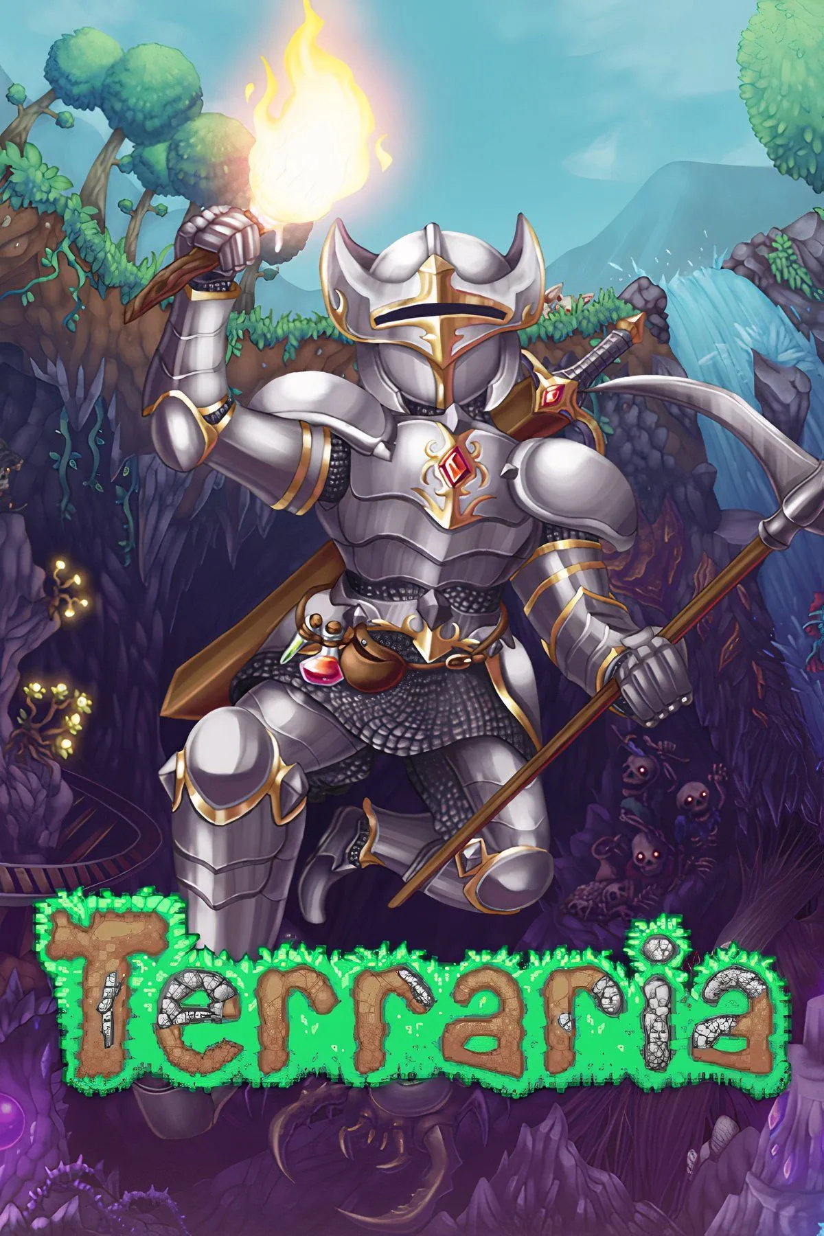 Giao diện game Terraria với nhân vật đang khám phá một hang động, thể hiện lối chơi phiêu lưu và xây dựng.