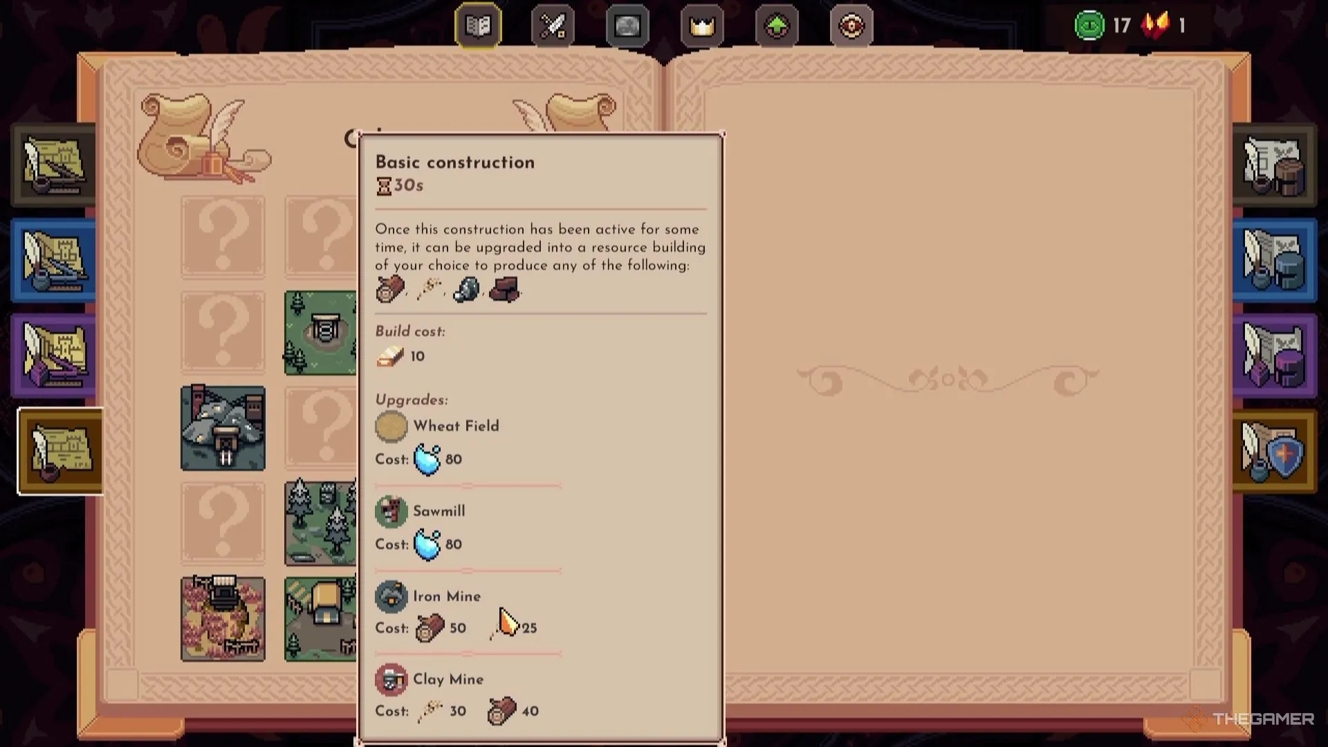 Giao diện hiển thị mục &quot;Basic Construction&quot; trong game The King Is Watching, một nguồn tài nguyên quan trọng cần dự trữ.