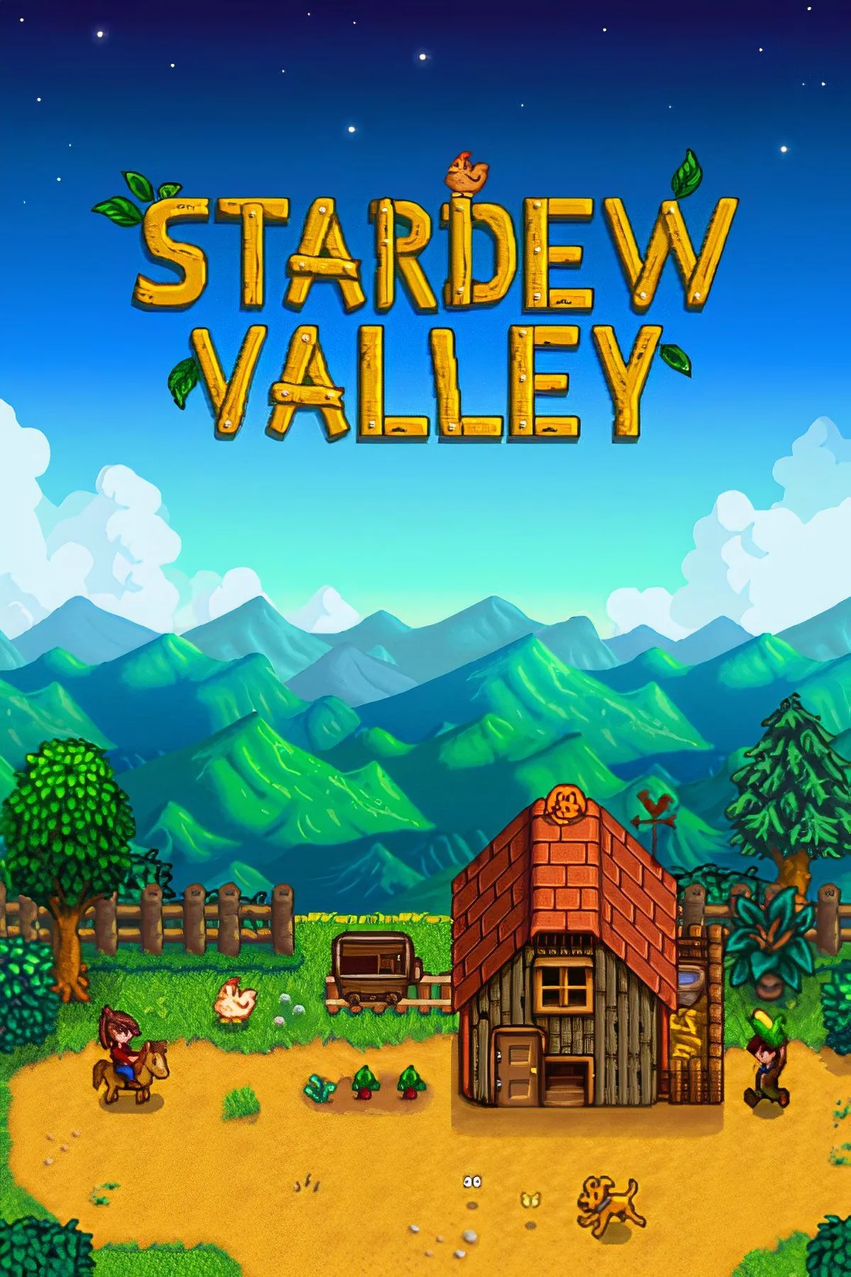 Giao diện nông trại xanh mướt trong Stardew Valley, với các cây trồng và vật nuôi, thể hiện vẻ đẹp của cuộc sống thôn quê.