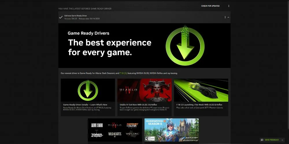 Giao diện phần mềm NVIDIA GeForce Experience đang hiển thị tùy chọn cập nhật driver đồ họa mới nhất.