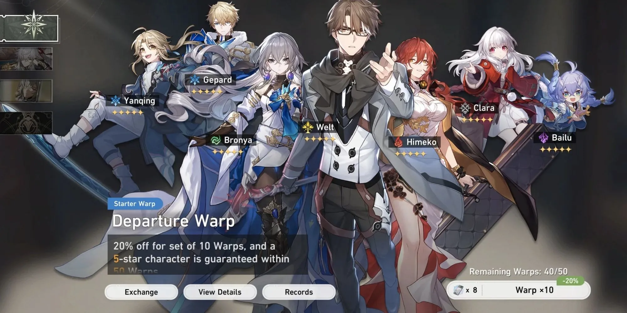 Giao diện quay Warp (gacha) và banner nhân vật trong Honkai Star Rail, nơi bạn dùng Stellar Jade để khám phá