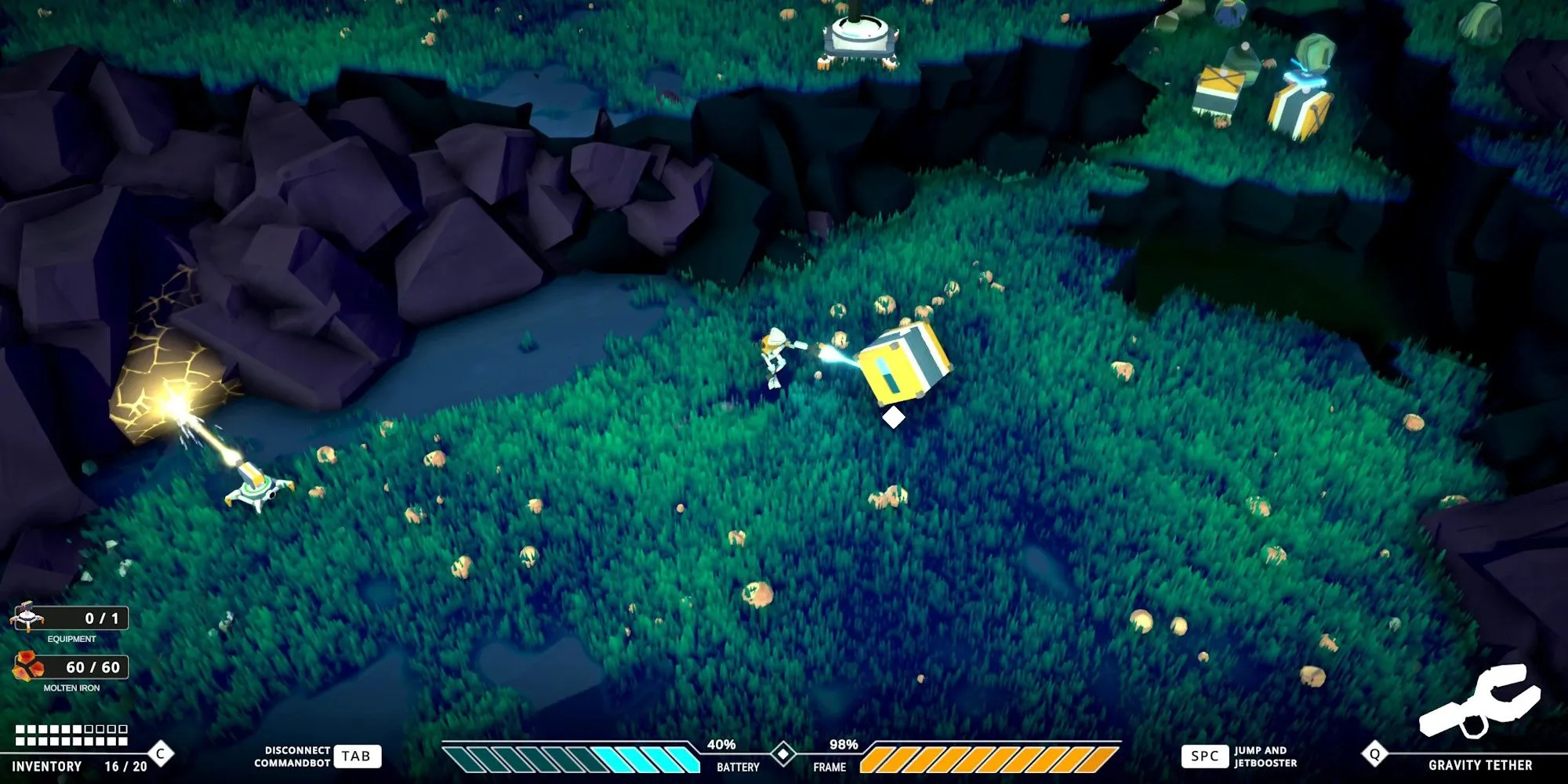 Giao diện xây dựng trạm không gian trên lưới lục giác trong game Orbiteers, hiển thị các module khác nhau.
