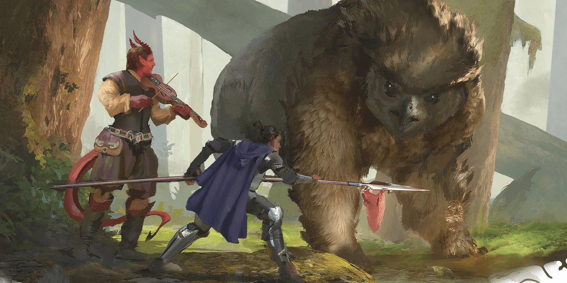 Hai nhà thám hiểm D&amp;D đang đối thoại với một quái vật Owlbear to lớn