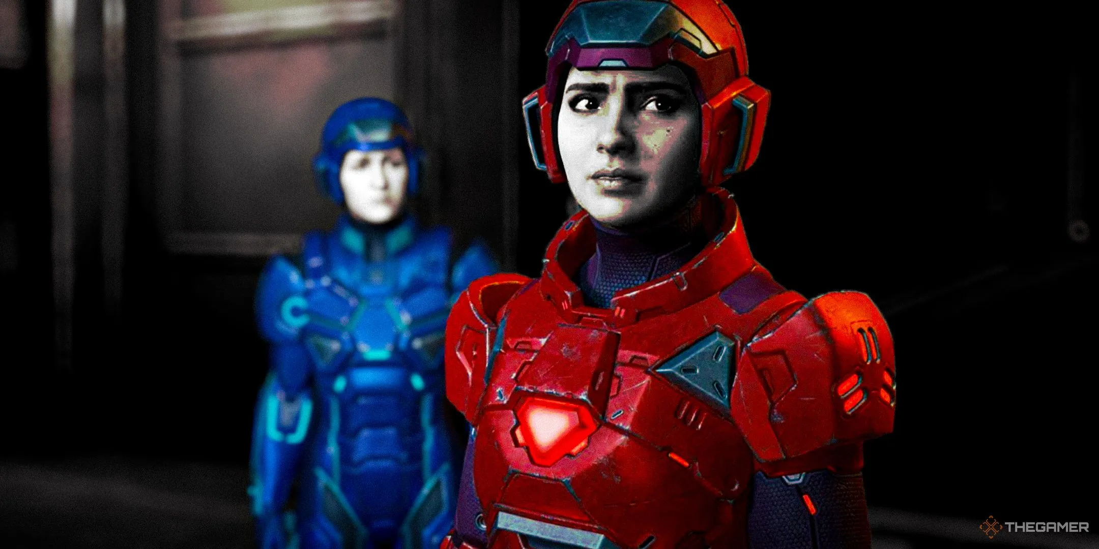 Hai nhân vật Zoe và Mio trong game Split Fiction, mặc bộ đồ sci-fi đỏ và xanh, tượng trưng cho những trải nghiệm co-op đầy sáng tạo của Hazelight.