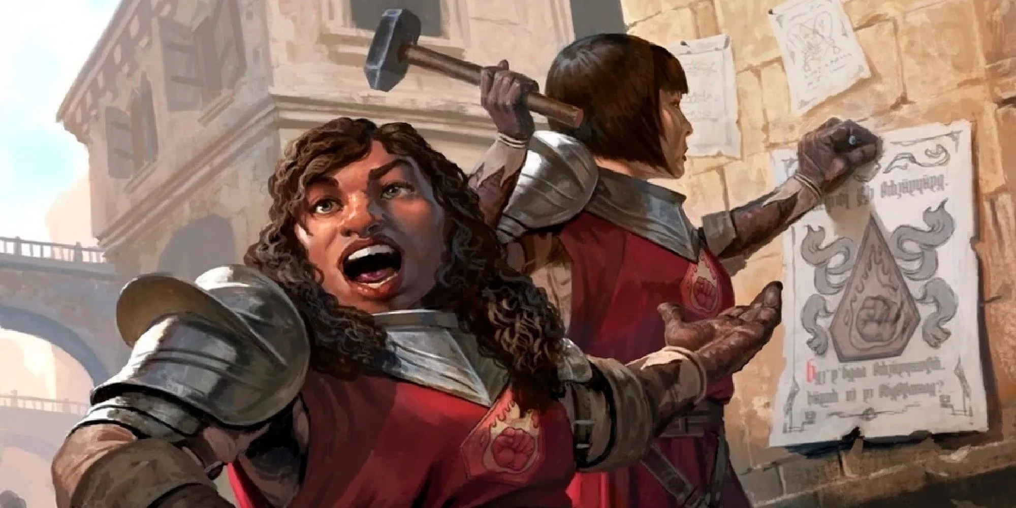 Hai thành viên Flaming Fist dán áp phích tuyển quân trong Dungeons &amp; Dragons