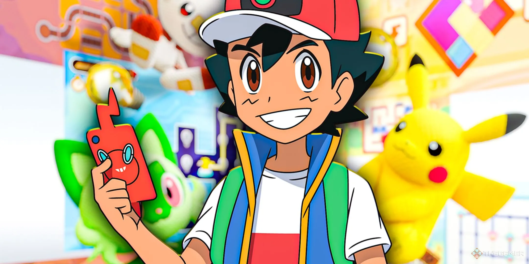Hình ảnh Ash vui tươi cùng bạn bè Pokemon, tượng trưng cho trải nghiệm kết nối và niềm vui khi chơi Pokemon TCG Live.