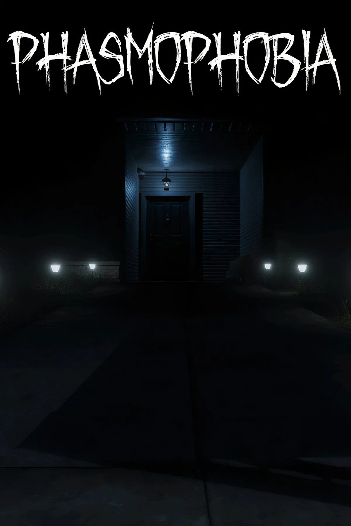 Hình ảnh bìa game kinh dị Phasmophobia, thể hiện không khí u ám và nhóm thợ săn ma đang đối mặt với hiểm nguy
