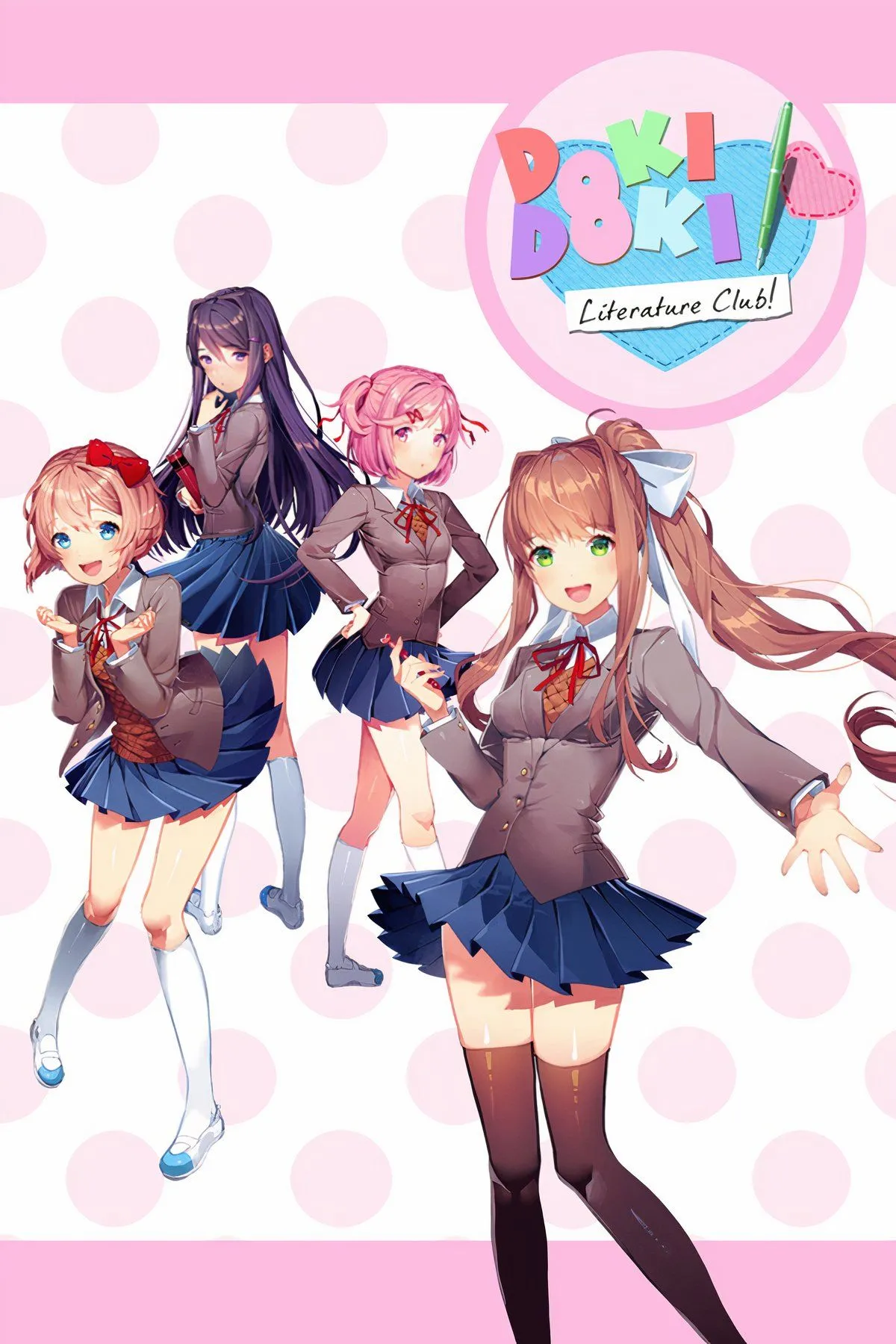 Hình ảnh các nhân vật nữ đáng yêu trong Doki Doki Literature Club, một visual novel kinh dị tâm lý miễn phí trên Steam.