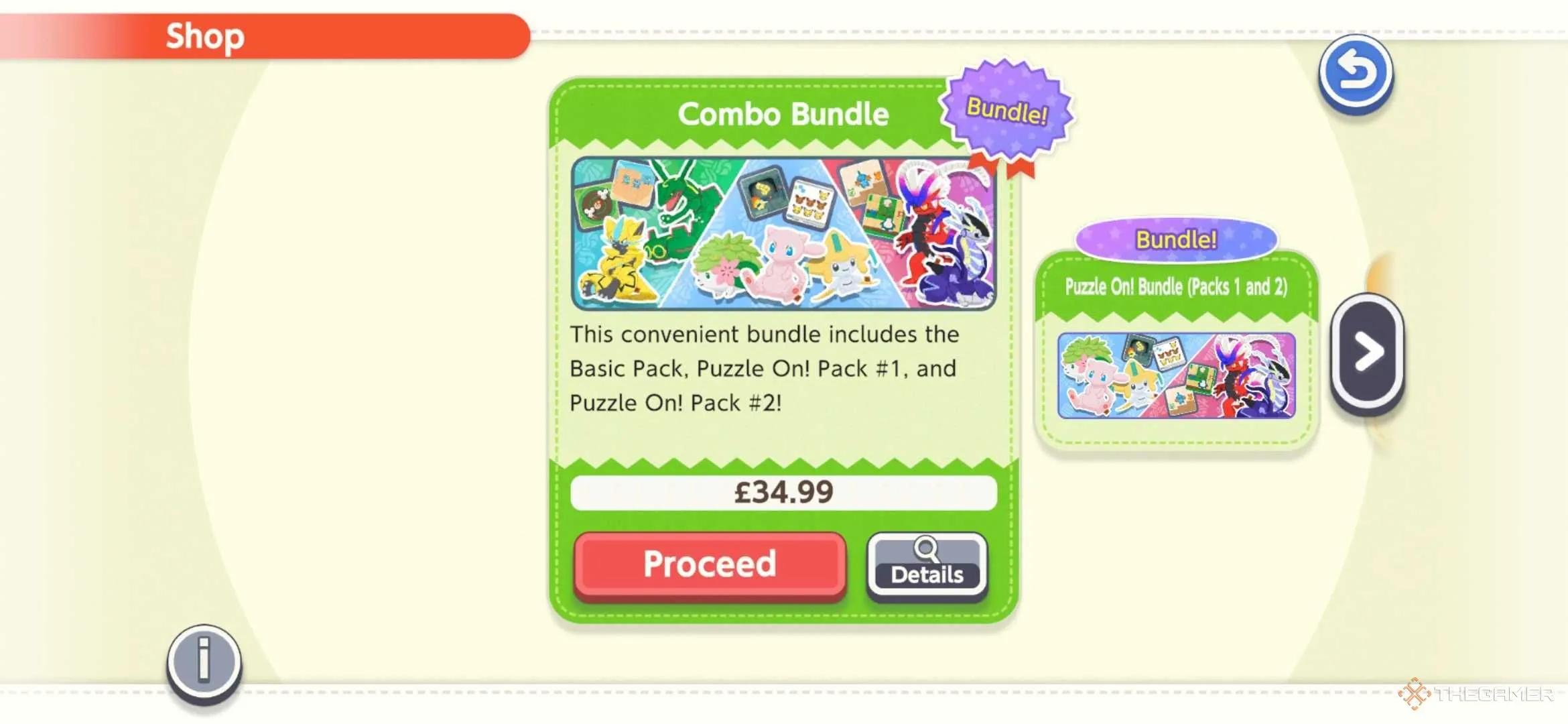 Hình ảnh gói Combo Bundle trong Pokemon Friends, hiển thị ba gói DLC là Basic Pack, Puzzle On! Pack #1 và Pack #2, cùng tổng giá.