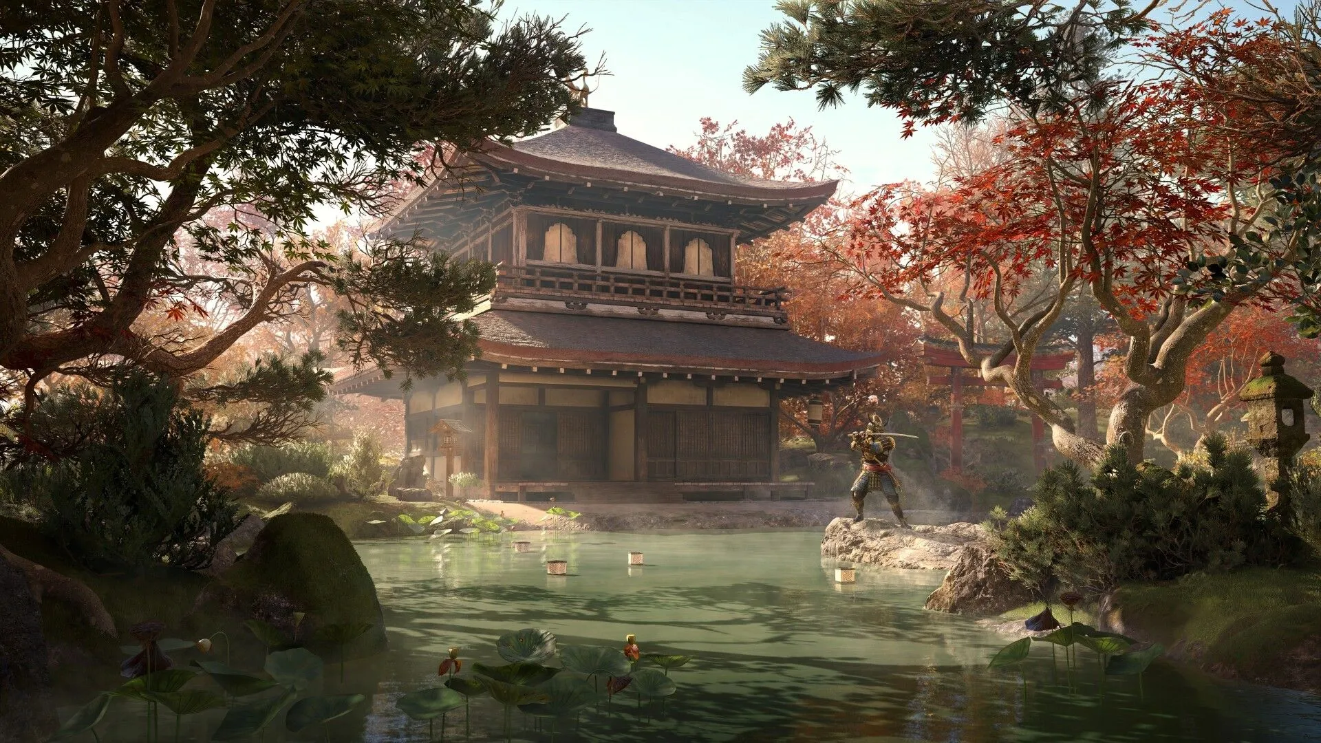 Hình ảnh hai nhân vật chính trong Assassin's Creed Shadows, Yasuke và Naoe, đứng giữa cảnh quan Nhật Bản phong kiến