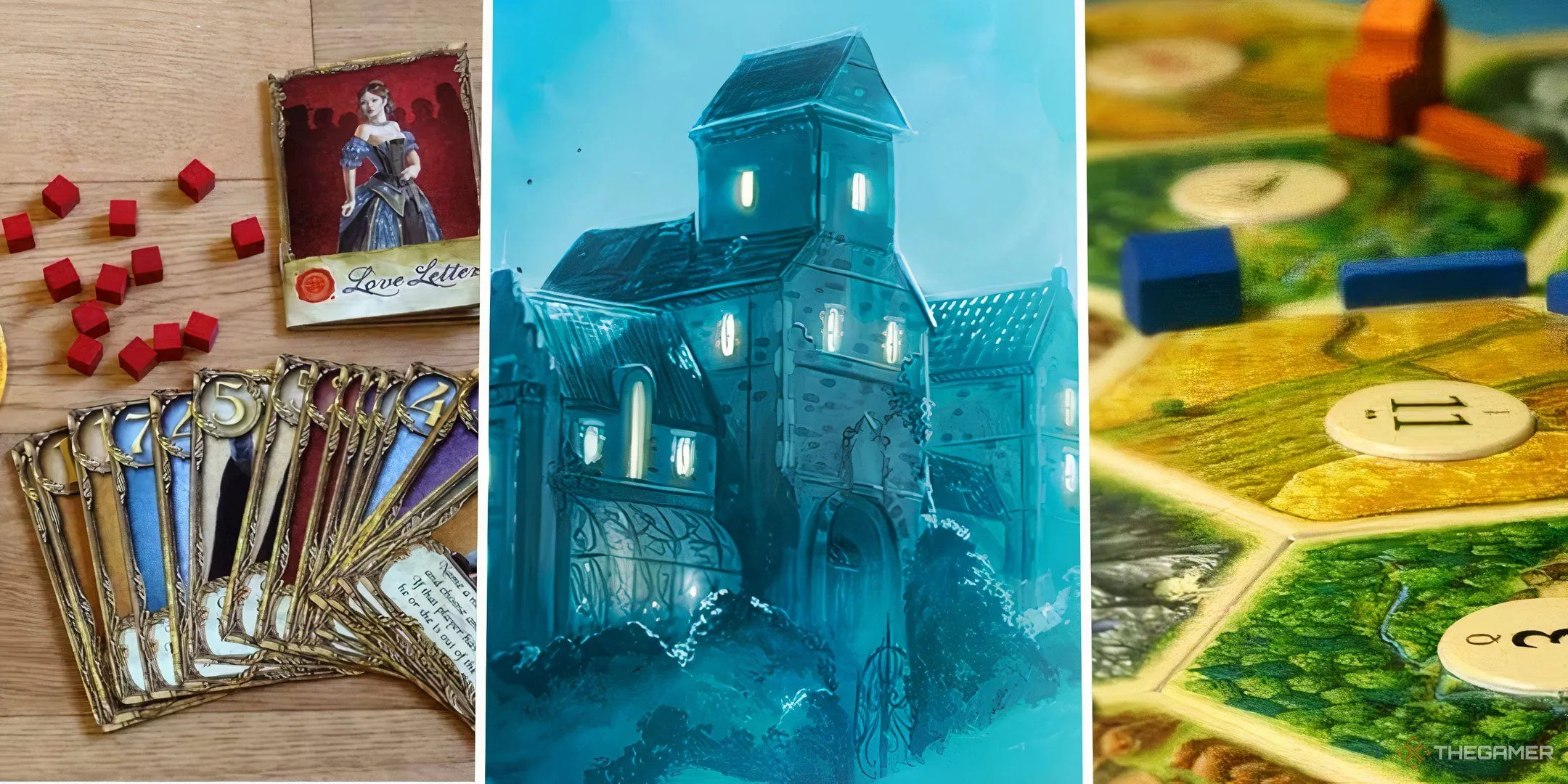 Hình ảnh minh họa các board game phổ biến như Love Letter, Mysterium và Catan, khơi gợi không khí buổi chơi game vui vẻ.