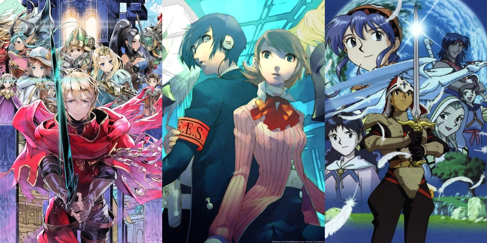 Hình ảnh minh họa các tựa game JRPG kinh điển như Radiant Historia, Persona 3 Reload và Lunar Silver Star Story, đại diện cho sự phong phú của thể loại nhập vai Nhật Bản.