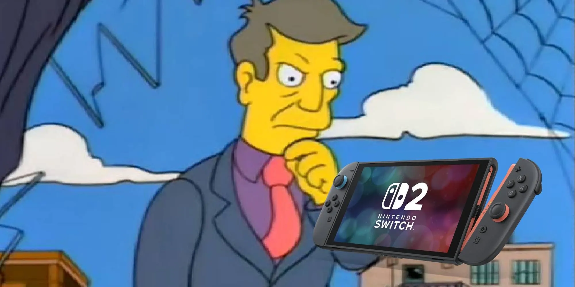 Hình ảnh mô phỏng Principal Skinner ngạc nhiên nhìn vào Nintendo Switch 2, thể hiện sự hứng thú với bản game mới.