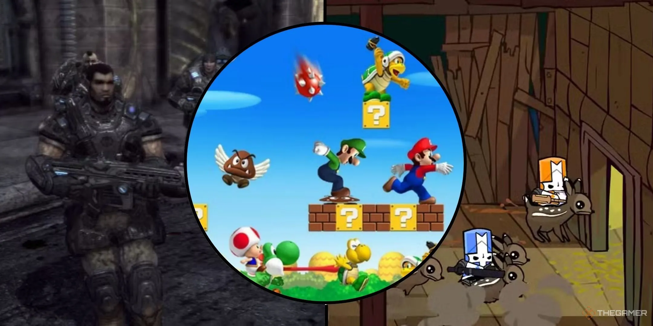 Hình ảnh tổng hợp các tựa game co-op kinh điển như New Super Mario Bros Wii, Gears of War 2 và Castle Crashers, tượng trưng cho trải nghiệm chơi game cùng bạn bè.