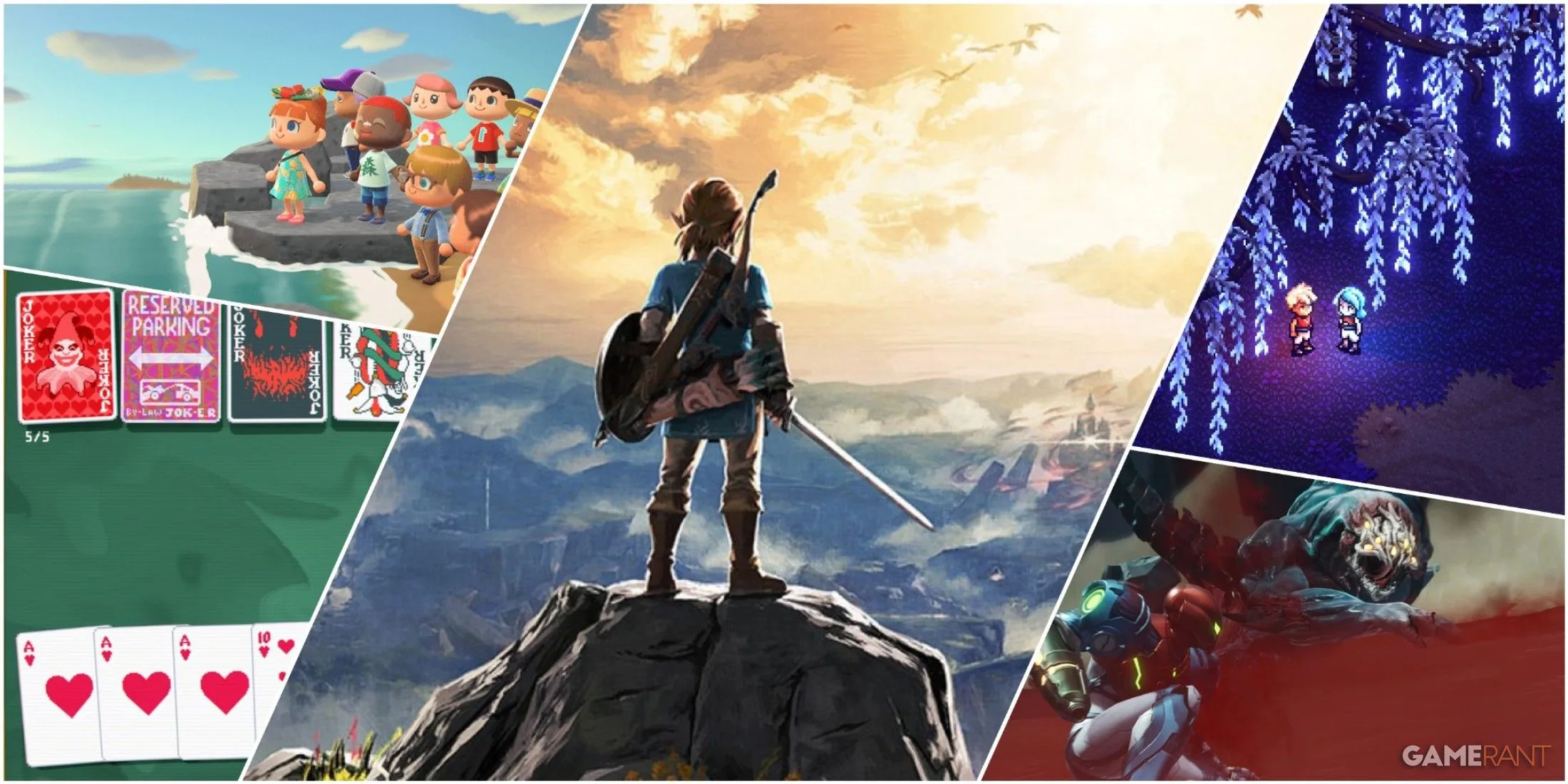 Hình ảnh tổng hợp các tựa game Nintendo Switch đình đám như Animal Crossing, Zelda Breath of the Wild, Metroid Dread, Balatro và Sea of Stars, minh họa sức hút của Nintendo.