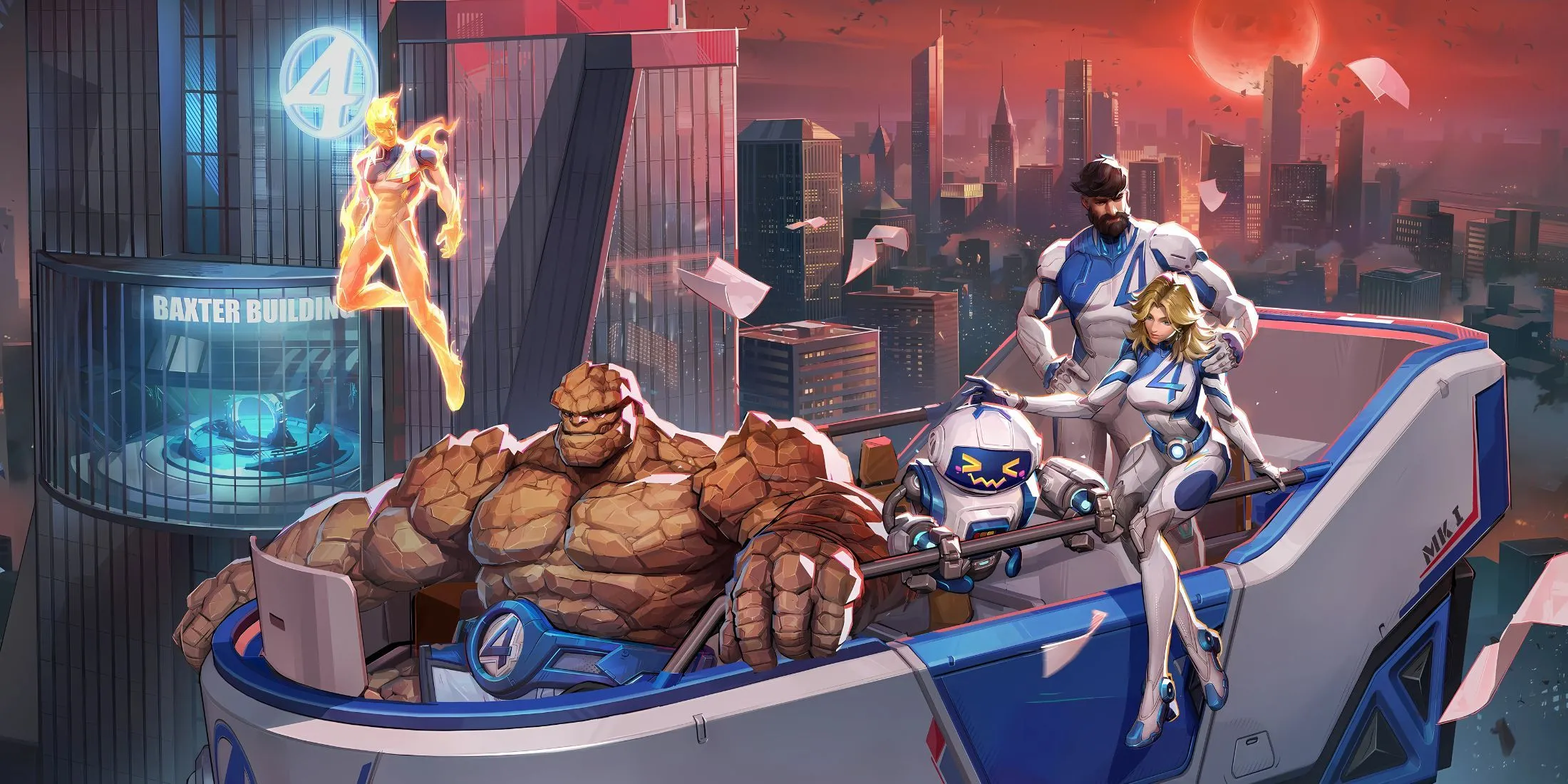 Human Torch và The Thing bay lượn trên bầu trời, thể hiện khả năng team-up "First Steps" độc đáo trong Marvel Rivals.