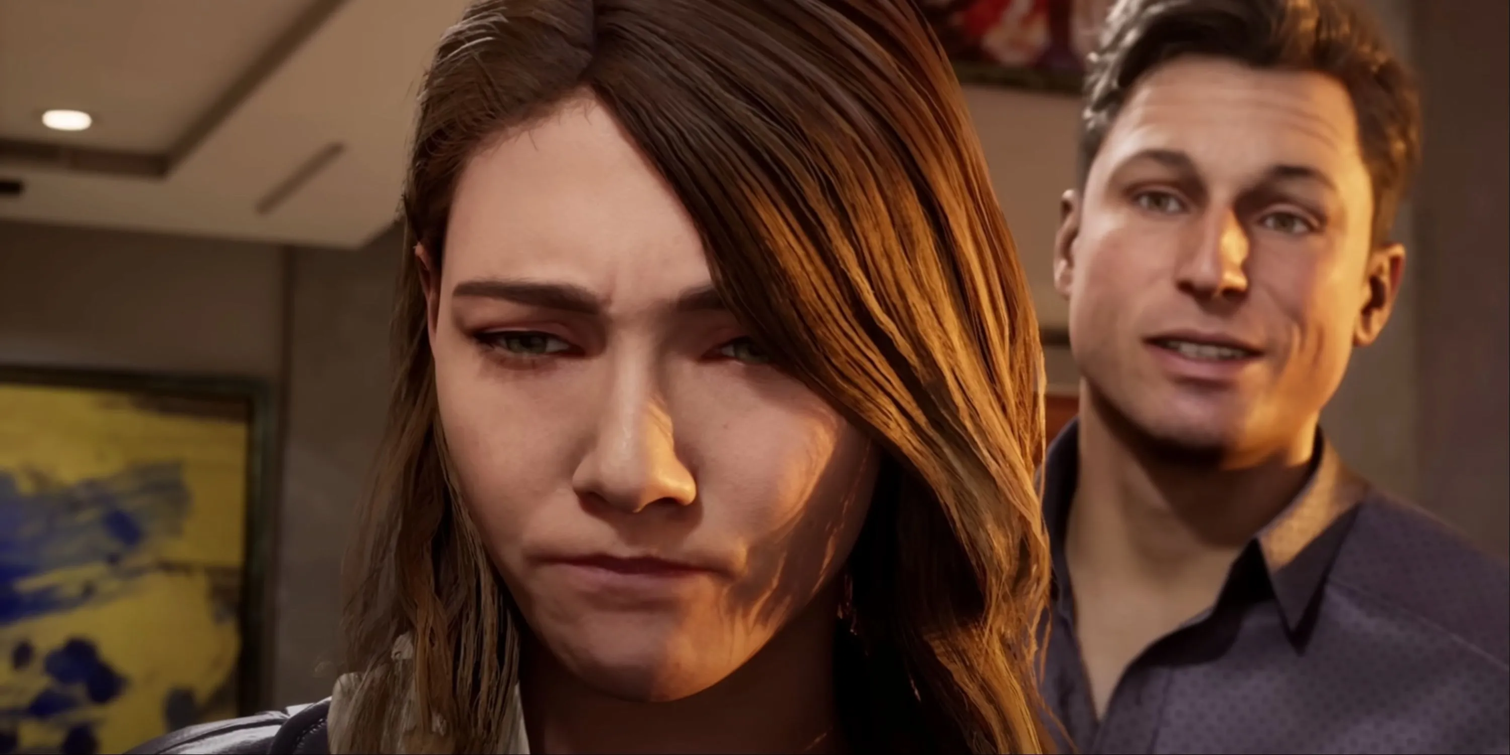 Johnny Cage với nụ cười tự mãn sau lưng Cristina, người đang thể hiện vẻ thất vọng trong Mortal Kombat 1