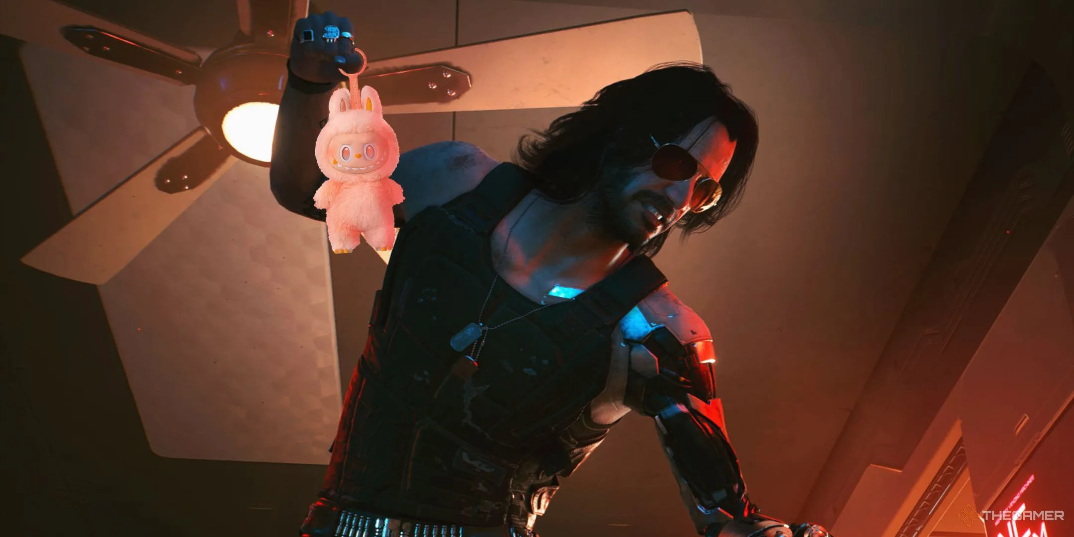 Johnny Silverhand cực ngầu bên cạnh bé Labubu neon cá tính trong thế giới Cyberpunk 2077.