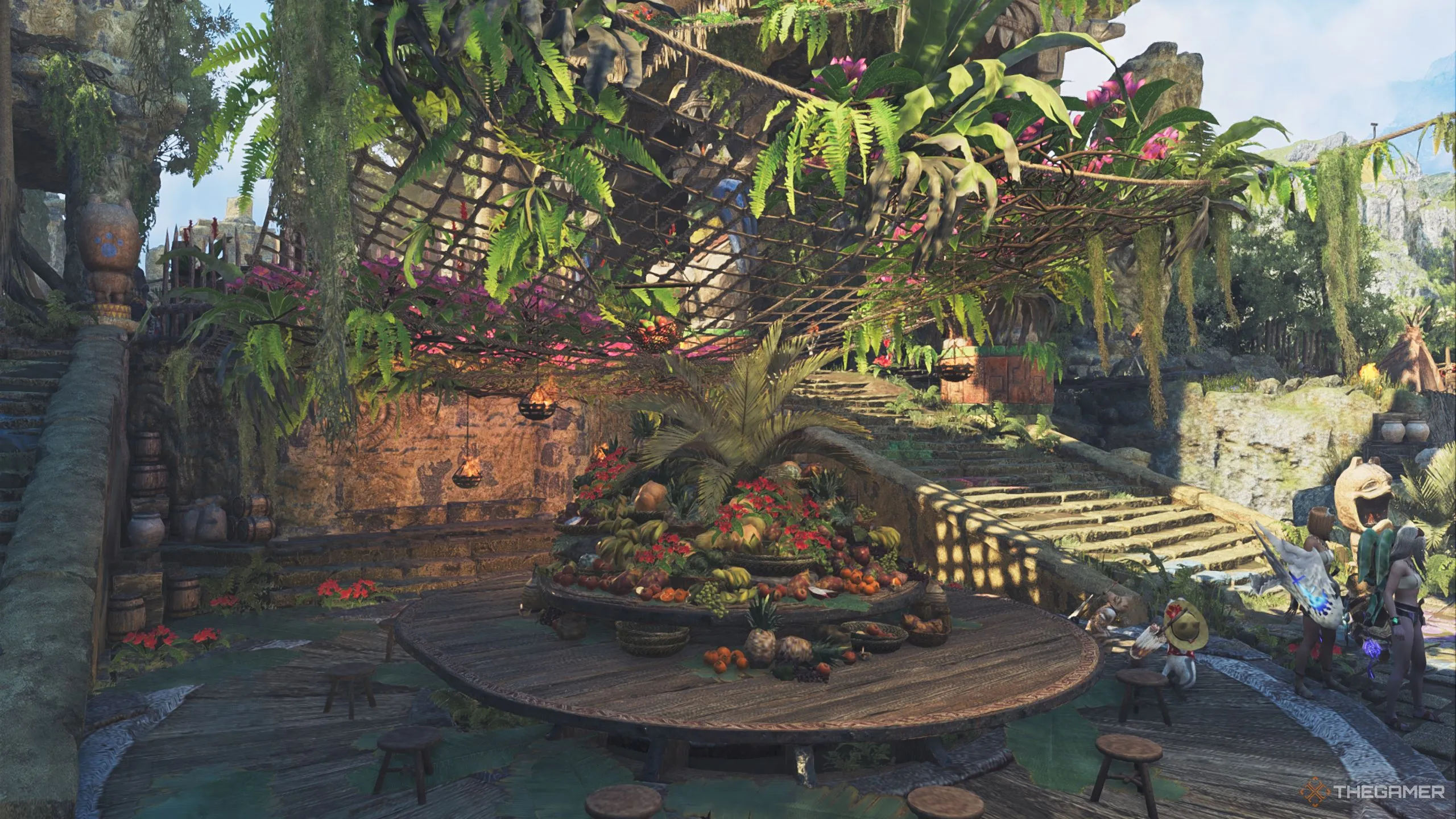 Không gian Grand Hub trong Monster Hunter Wilds rực rỡ sắc hè, được trang hoàng đặc biệt cho Lễ Hội Ánh Lửa Flamefete.